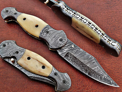 Damascus steel blade folding knife handle material camel Bone