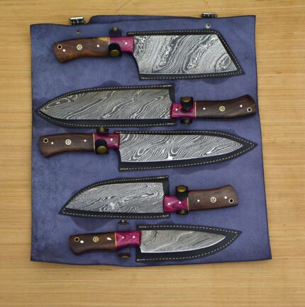 Damascus Hand Made chef knife set with Leather roll
