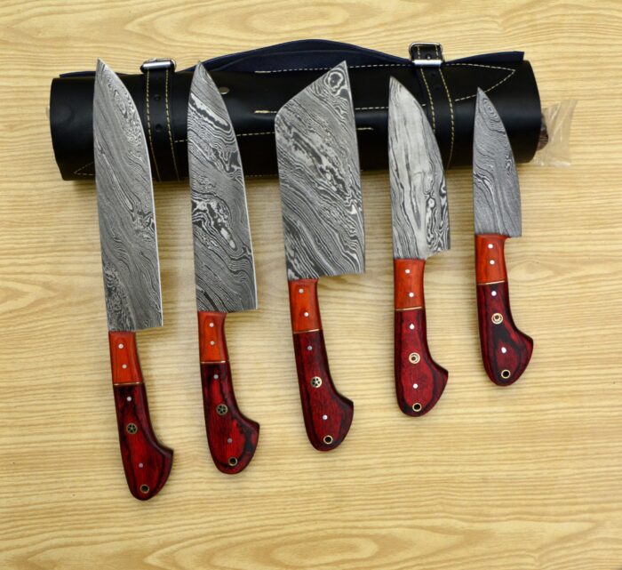 Damascus Steel Chef Knife Set With Leather Roll