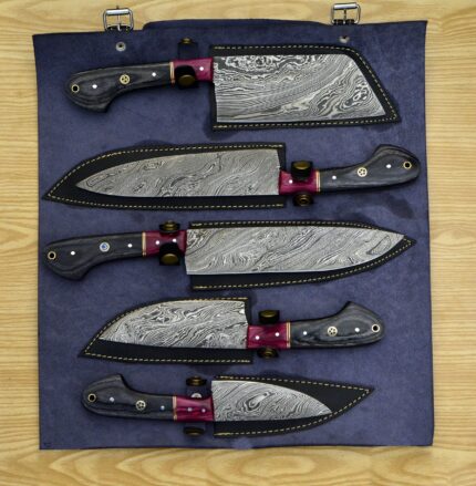 Hand Made Damascus chef knife set with Leather roll set