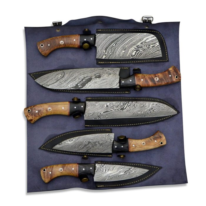 Custom Damascus chef knife set with Leather roll