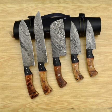 8-PCs 14" To 9" Handmade Damascus Steel Chef Set Of 8 Knives With Leather Roll 
