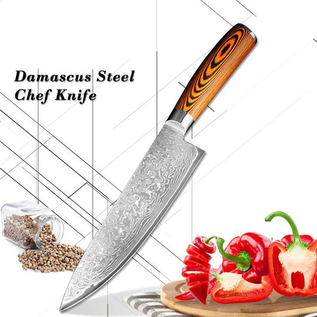Damascus Stainless Steel knives 3 PCS. Brown Wood Resin Handle