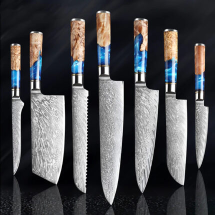 Damascus Steel Blue Resin Wood Handle 7 PCS. Kitchen Knife Set 1