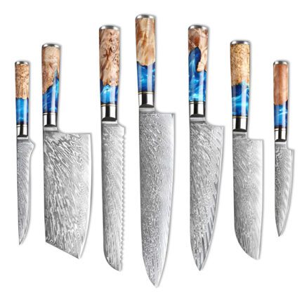 Damascus Steel Chef Knife Blue Resin Wood Handle 7 PCS.