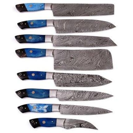 Damascus Steel Chef Knives Set With Colored Bone & Bull Horn Handle