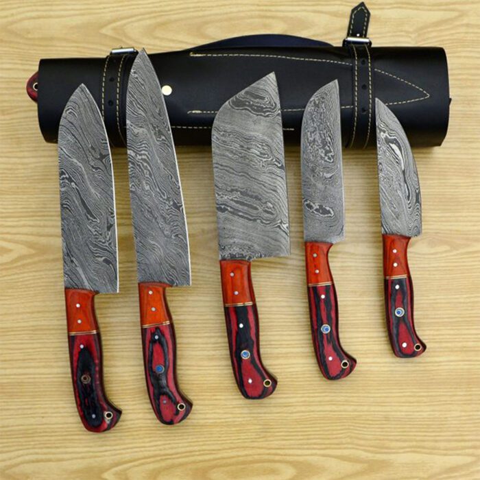 Damascus steel kitchen knives set with Leather Sheath