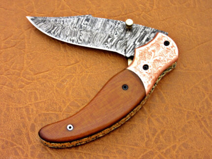 Damascus Walnut Wood Folding Knife