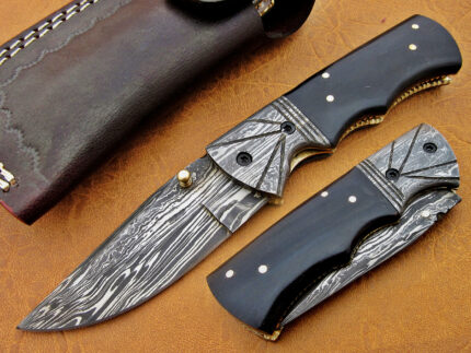 Damascus Steel Blade Folding Knife buffalo Handle Overall 7.5 Inch