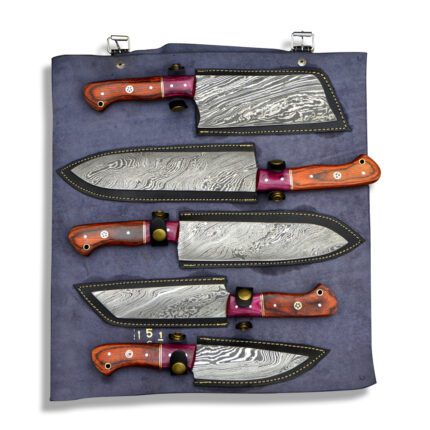 Set of 5 Damascus chef knife set Leather roll set