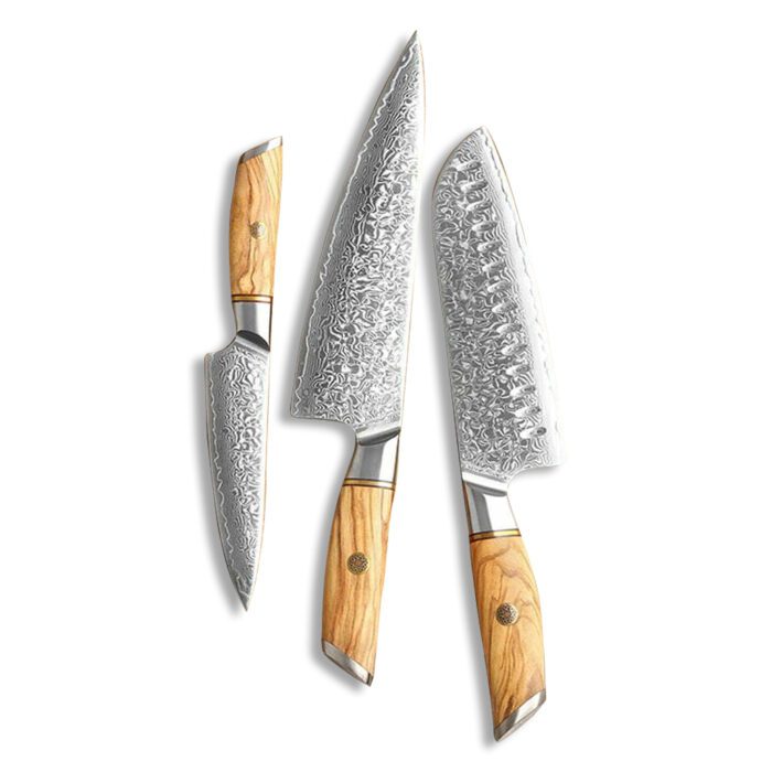 3PCS Damascus Steel 73 Layers Raindrop Knife Set With Pakka Wood Handle