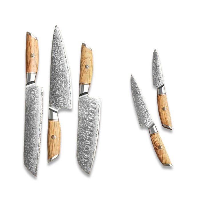 5PCS Damascus Steel 73 Layers Raindrop Knife Set With Pakka Wood Handle
