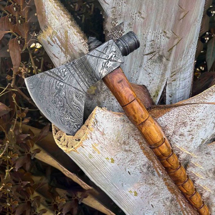 Custom Hand Made Damascus Steel Viking Axe With Beautiful Olive Wood