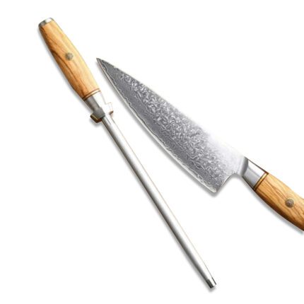Damascus Steel Knife Sharpener With Olive Wood Handle