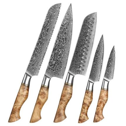 Premium Kitchen Knife Set With Sycamore Handle, Damascus Steel Knives