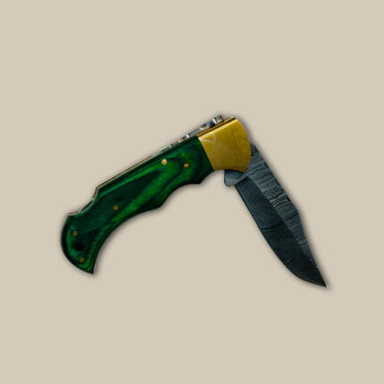 Damascus Steel Folding Pocket Knife with Sheath - Green Wood